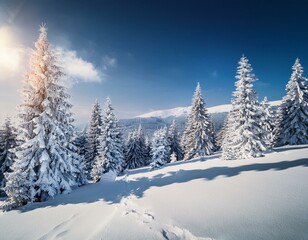 Obraz premium Majestic white spruces glowing by sunlight. Picturesque and gorgeous wintry scene. Location place Carpathian national park, Ukraine, Europe. Alps ski resort. Blue toning. Happy New Year! Beauty world.