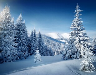 Obraz premium Majestic white spruces glowing by sunlight. Picturesque and gorgeous wintry scene. Location place Carpathian national park, Ukraine, Europe. Alps ski resort. Blue toning. Happy New Year! Beauty world.