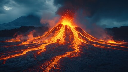 Fototapeta premium Erupting volcano with flowing lava and ash clouds under a dramatic sky.