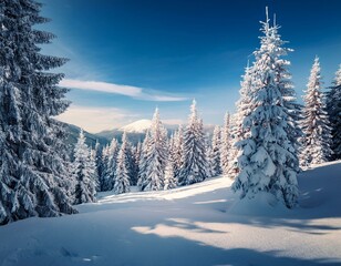 Obraz premium Majestic white spruces glowing by sunlight. Picturesque and gorgeous wintry scene. Location place Carpathian national park, Ukraine, Europe. Alps ski resort. Blue toning. Happy New Year! Beauty world.