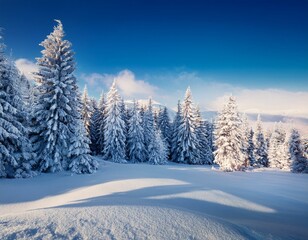 Majestic white spruces glowing by sunlight. Picturesque and gorgeous wintry scene. Location place Carpathian national park, Ukraine, Europe. Alps ski resort. Blue toning. Happy New Year! Beauty world.