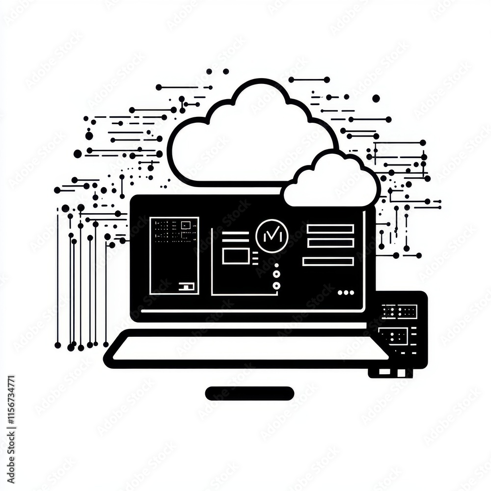 Poster illustration of a computer with cloud computing graphics, emphasizing technology and digital connect