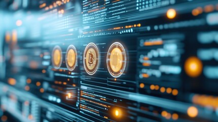 Obraz premium Futuristic Digital Interface with Bitcoin Symbols Illustrating Cryptocurrency Data and Financial Analytics in a High-Tech Environment
