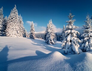 Majestic white spruces glowing by sunlight. Picturesque and gorgeous wintry scene. Location place Carpathian national park, Ukraine, Europe. Alps ski resort. Blue toning. Happy New Year! Beauty world.