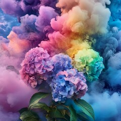 Fototapeta premium Colorful hydrangeas emerge from vibrant smoke in an artistic display of nature and creativity