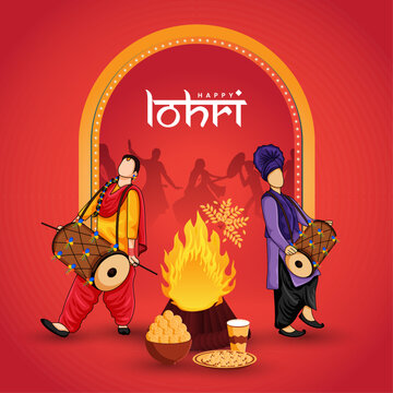 Happy Lohri punjabi indian festival celebration background with people playing lohri dance in front of bonfire. Vector illustration.