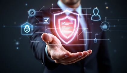 Businessman presenting cybersecurity concepts with a glowing shield and icons.