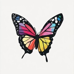 A vibrant, stylized butterfly with colorful wings in pink, yellow, and blue hues against a clean white background.