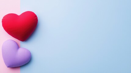 Two colorful, plush hearts (red and purple) are displayed on a soft blue background, symbolizing love and affection.