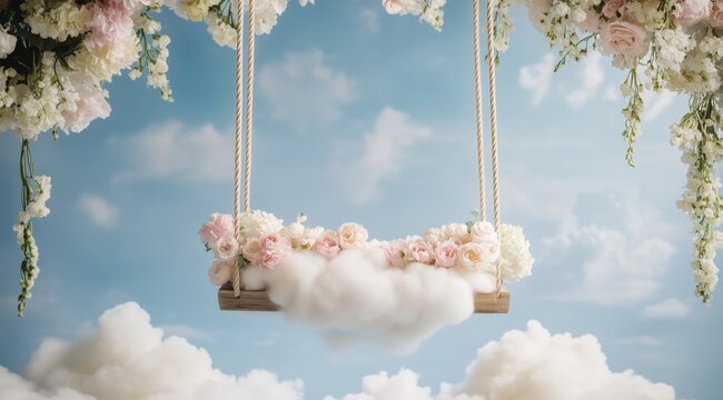 Beautiful floral swing suspended among fluffy clouds with a serene blue sky backdrop