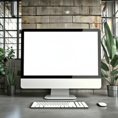 Fototapeta premium A modern workspace featuring a sleek desktop computer with a clean, empty screen, surrounded by indoor plants.