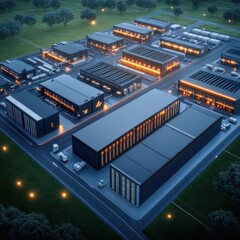 Fototapeta premium Aerial View of a Modern Industrial Complex with Warehouses, Factories, and Storage Facilities Surrounded by Green Fields and Well-Lit Streets at Night