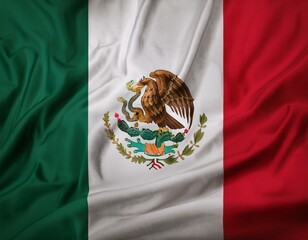 Mexican green white red flag with palm trees and blue sky and clouds in Zicatela Puerto Escondido Oaxaca Mexico.