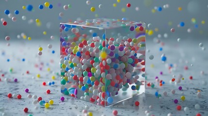 A transparent cube filled with colorful particles, drifting against a soft gray backdrop