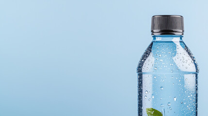 Sports drinks boost fitness and replenish sweat concept. Fresh sports drink bottle with droplets on blue background