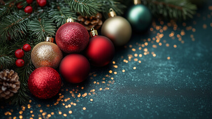 Christmas ornaments on green background with pine branches