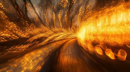 Abstract fiery light trails of a road at night, creating a dynamic tunnel effect.