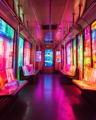 Vibrant Neon Lights Illuminate Empty Subway Car