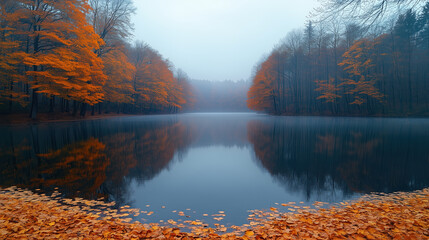 Obraz premium Reflective autumn forest surrounding a calm lake in the mist.