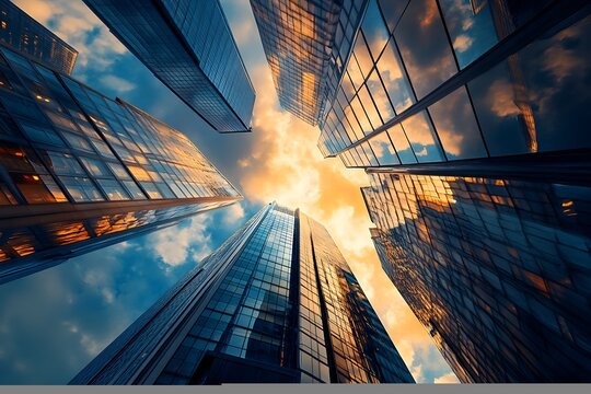 Modern skyscrapers at sunset. City, business, architecture concept.