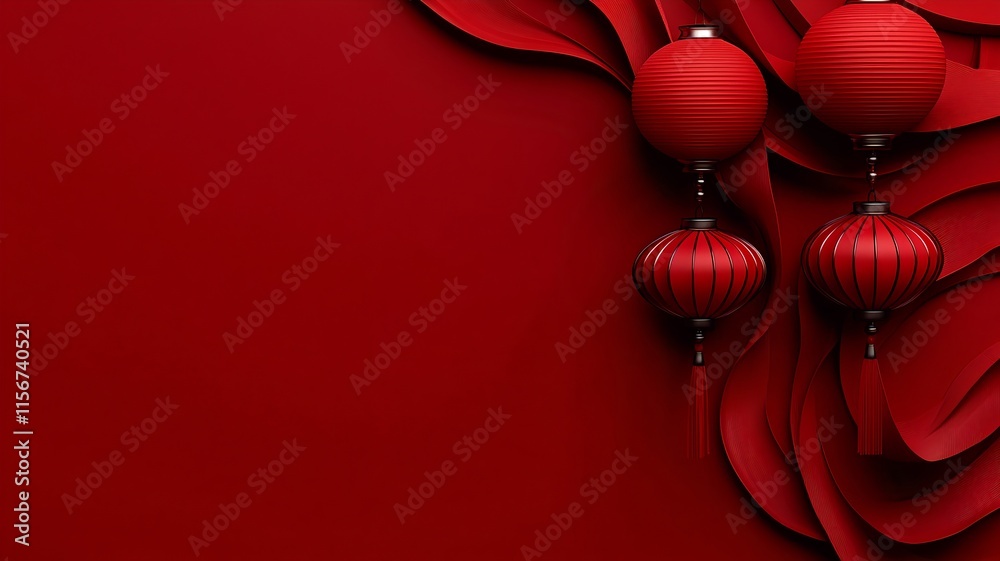 Poster elegant abstract swirling red ribbons and lanterns in a minimalist festive 3d this digital artwork f