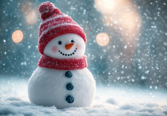 Fototapeta premium Charming Snowman in Winter Wonderland with Red Hat and Scarf Surrounded by Soft Snowflakes and Dreamy Bokeh Lights in the Background