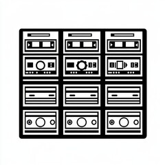 A stylized illustration of vintage audio equipment in black and white, displaying various cassette decks.