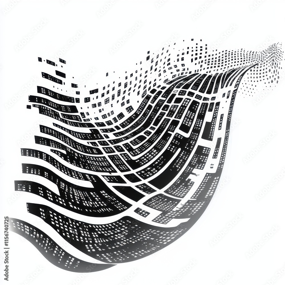Poster abstract black and white wave design with flowing grid patterns, creating a sense of movement and de