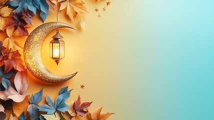 Ramadan Mubarak greeting with crescent moon cradling a glowing lantern is the centerpiece against a pastel yellow and blue gradient background