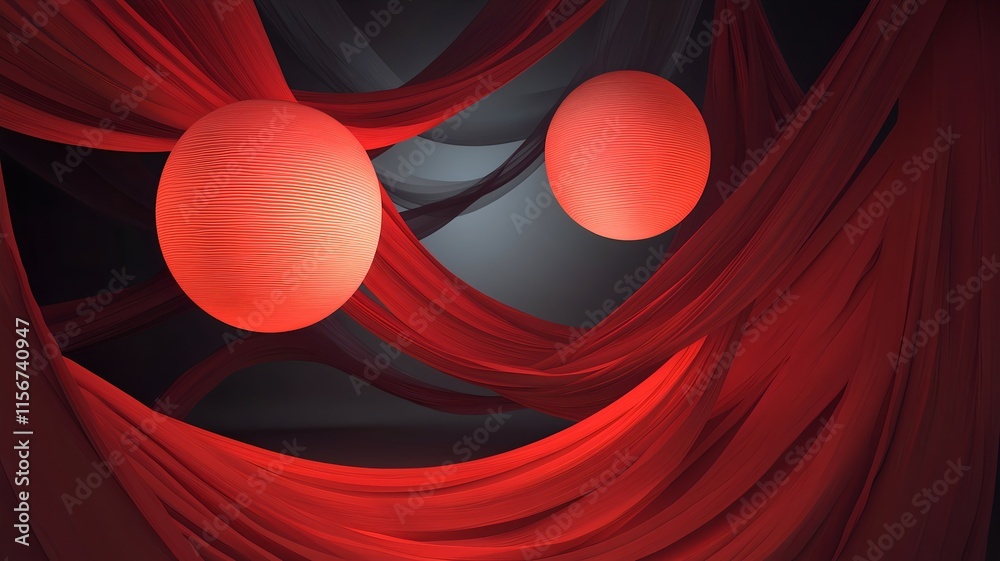 Poster mesmerizing abstract 3d featuring swirling red ribbons and lanterns with a reserved blank text zone 