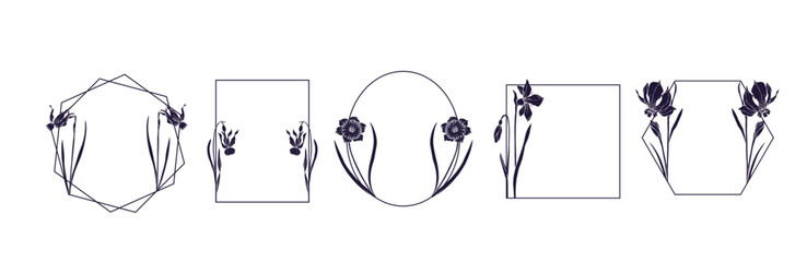 A set of botanical frames with stamps of spring flowers and daffodil buds. Vector graphics.