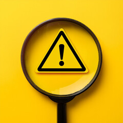 Warning triangle sign and magnifying glass on a yellow background. Close-up.
