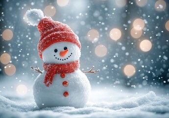 Fototapeta premium Cheerful snowman wearing a bright red knitted hat and scarf standing in a snowy landscape with falling snowflakes and soft bokeh lights in the background
