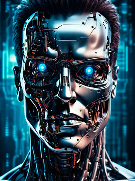 Digital abstract art of human face into ai technology background, terminator 3 rise of machine style look