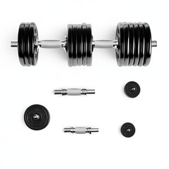 Obraz premium A sleek arrangement of black weightlifting equipment, highlighting dumbbells and plates on a clean white background.
