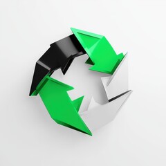 Stylized recycling symbol in vibrant green, black, and white colors, depicting sustainability and environmental awareness.