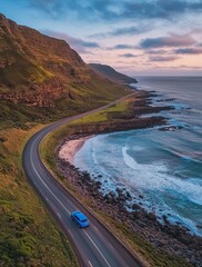 Coastal Road Trip, Blue Car on Scenic Highway