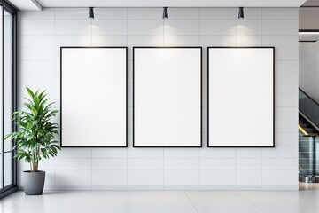 Three blank framed posters on a tiled wall, lit by spotlights, with a plant and escalator nearby. Minimalist concept for design or advertising presentation. Ai generative