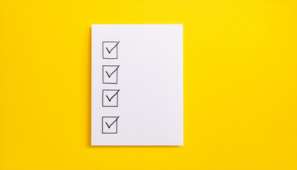 Checklist with check marks on yellow background. Top view. Mock-up.