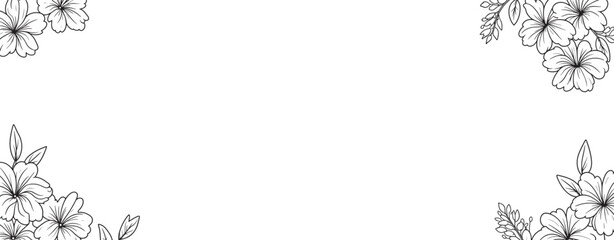 A floral background with line art flowers on white or transparent background. Banner or poster design template with flowers.