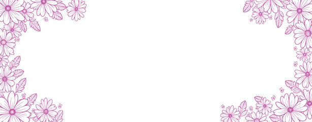 A floral background with line art flowers on white or transparent background. Banner or poster design template with flowers.