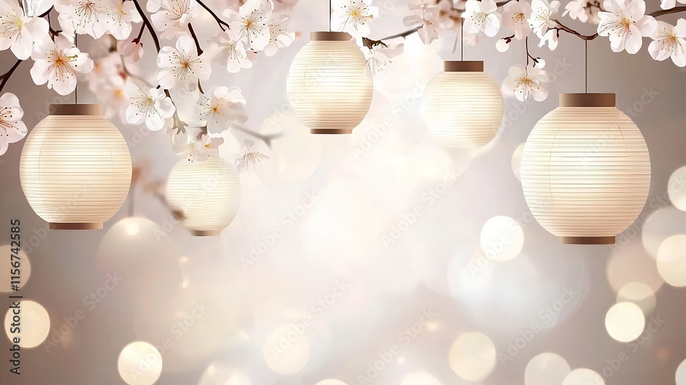 Poster sleek gradient background with delicate lantern and cherry blossom patterns creating an elegant and 