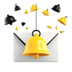 A vibrant yellow notification bell suspended above a white envelope, with additional bells floating around in a playful manner.