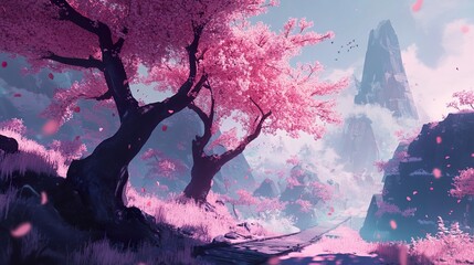 Pink Cherry Blossoms Landscape: A Dreamlike Path to the Mountains