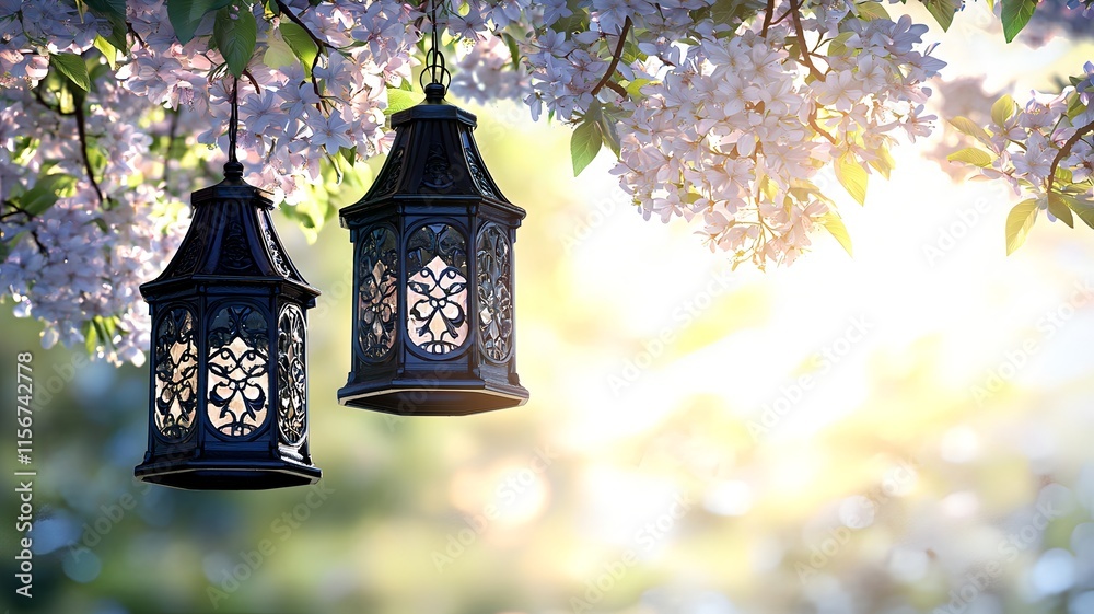 Poster elegant and captivating 3d featuring lantern and cherry blossom patterns on a sleek gradient backgro