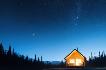 Serene Night Scene Featuring a Cozy Cabin Illuminated Under a Stunning Starry Sky Surrounded by Lush Pine Trees in a Remote Wilderness Landscape