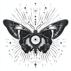 Obraz premium Intricate black and white illustration of a butterfly with an eye at its center, showcasing an artistic and mystical design.