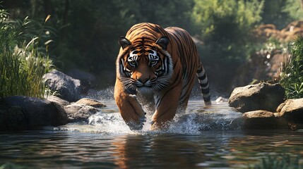 Majestic Tiger Walking Through a Tranquil Forest Stream