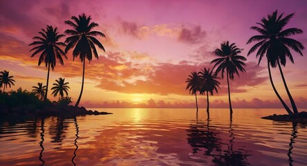 Silhouetted palm trees line a tranquil beach, bathed in the warm colors of a stunning sunset. 
