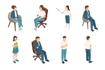 Collection of isometric office people. Male and female faceless character design. Business set of employees. Vector illustration isolated on white background